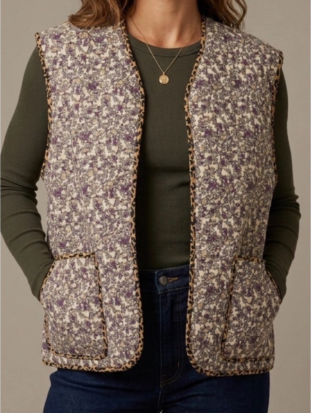 NWT POL Ditsy Floral Electric Grandpa Corduroy Quilt Cheetah Vest medium/large